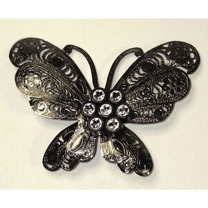 Filigree Gun Metal Rhinestone Butterfly Brooch
